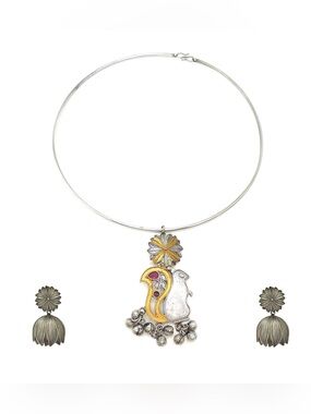 Handcrafted Silver and Gold Bird Pendant Necklace with Matching Earrings